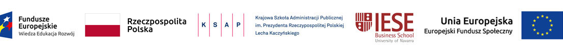 od lewej: log Funduszy Europejskich, flaga Polski i napis Rzeczpospolita Polska, logo KSAP, logo IESE Business School, logo Unii Europejskiej